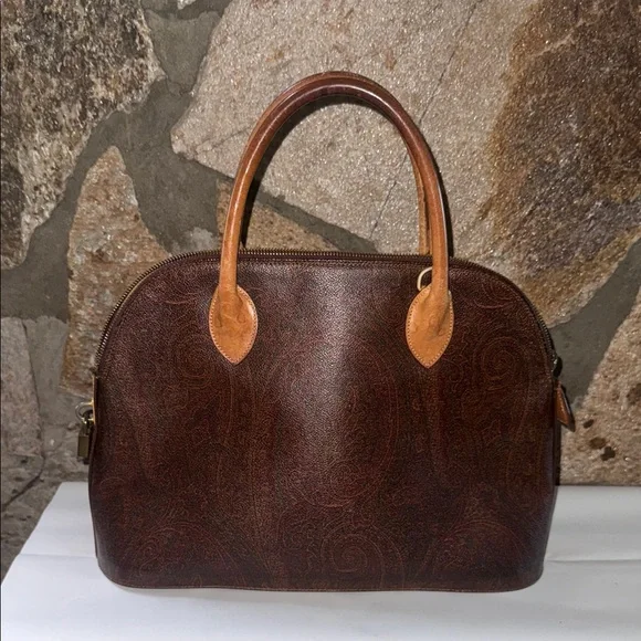 ETRO SATCHEL Brown Leather Handbag WITH LOCK AND KEY original liner inside